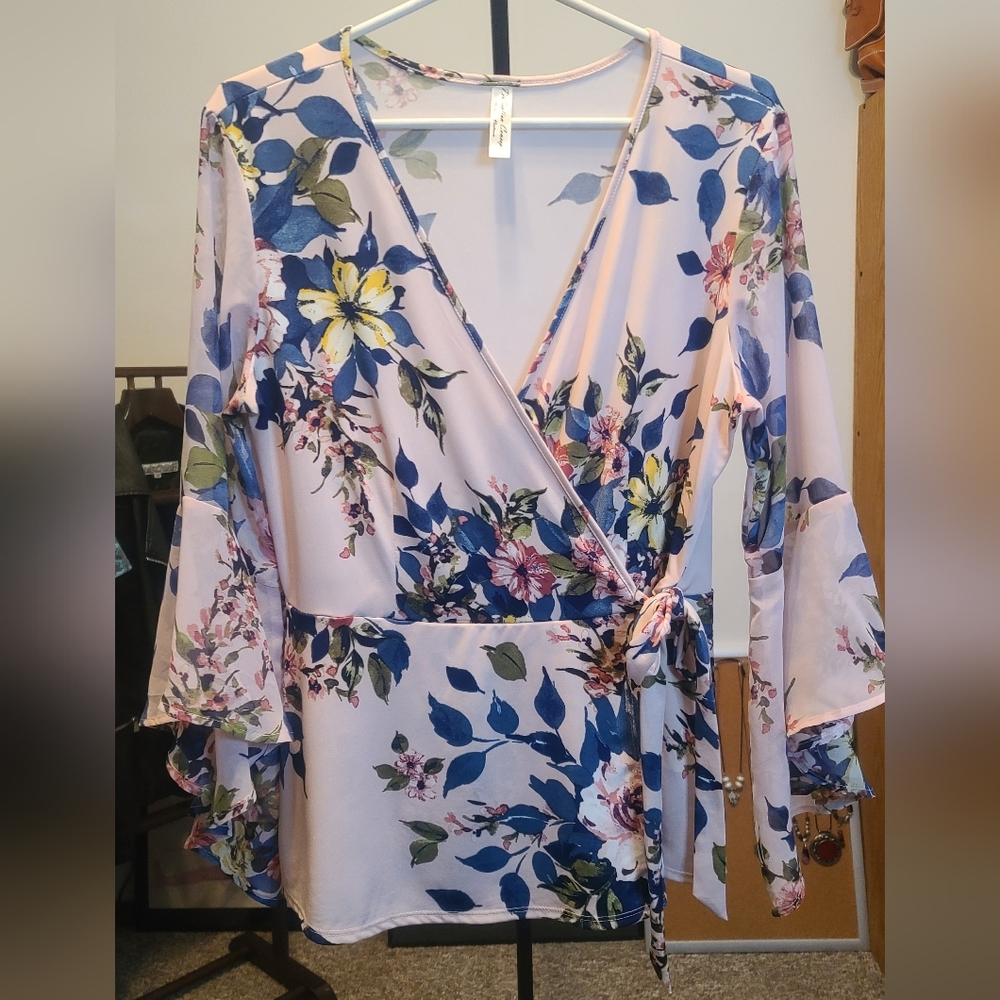 Pink Floral Bell Sleeve Top